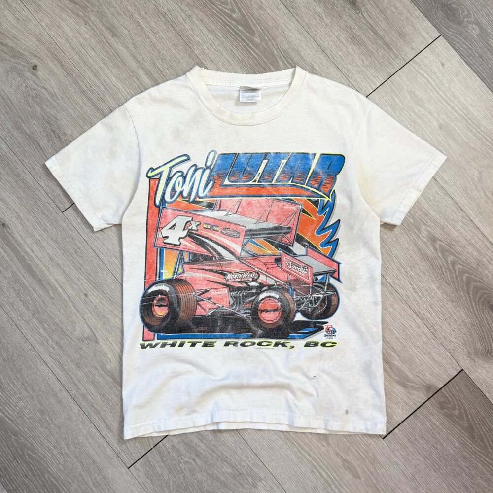 Rare Vintage Toni Lutar Distressed Sprint Car Racing Men's White T-Shirt - Small